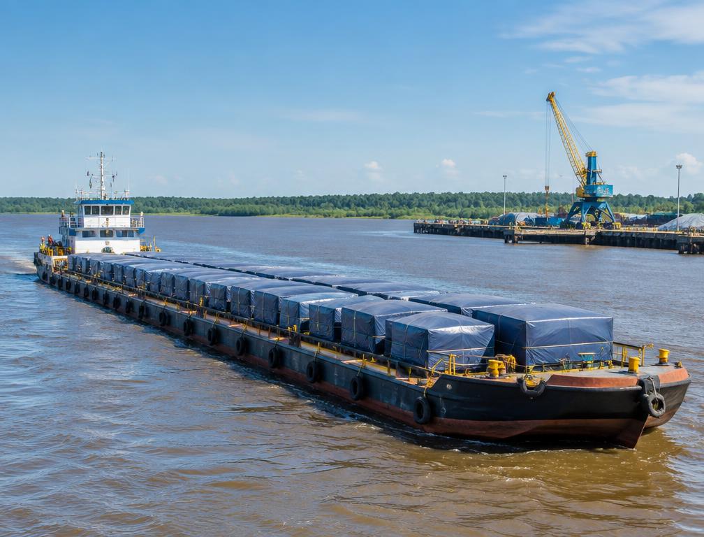 Embarcação realizando transporte fluvial de cargas